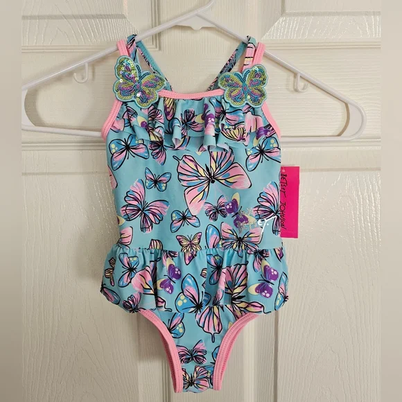 Betsey Johnson Pink Blue Girls Kids Toddler Size T2 Butterfly Swimsuit Sequins - Picture 4 of 9